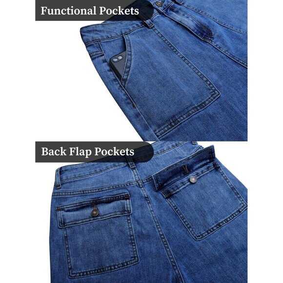 Womens Wide Leg High Waisted Jeans Cotton Polyester Spandex Casual Flap Pockets - Picture 6 of 6